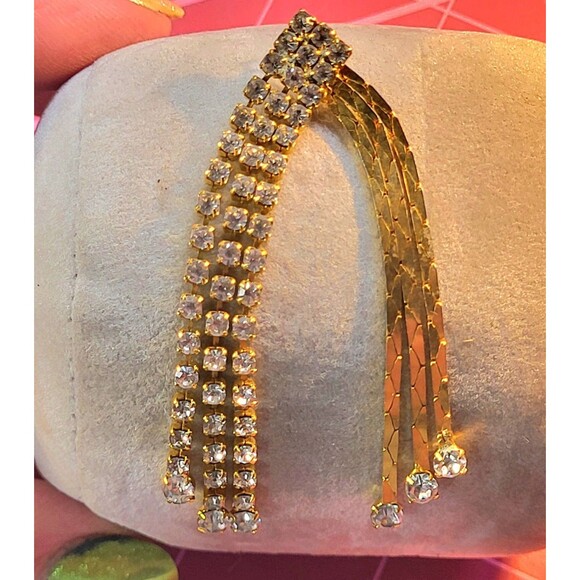 Dainty Gold Tone Double Fringe Rhinestone Sparkle Fashion Necklace Slide Pendant - Picture 9 of 9